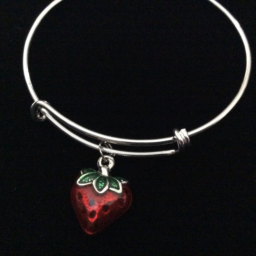 Red Strawberry 3D Handpainted Silver Expandable Charm Bracelet Trendy Adjustable Collectable Stacking Bangle