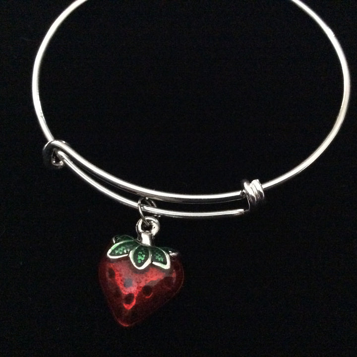 Red Strawberry 3D Handpainted Silver Expandable Charm Bracelet Trendy Adjustable Collectable Stacking Bangle