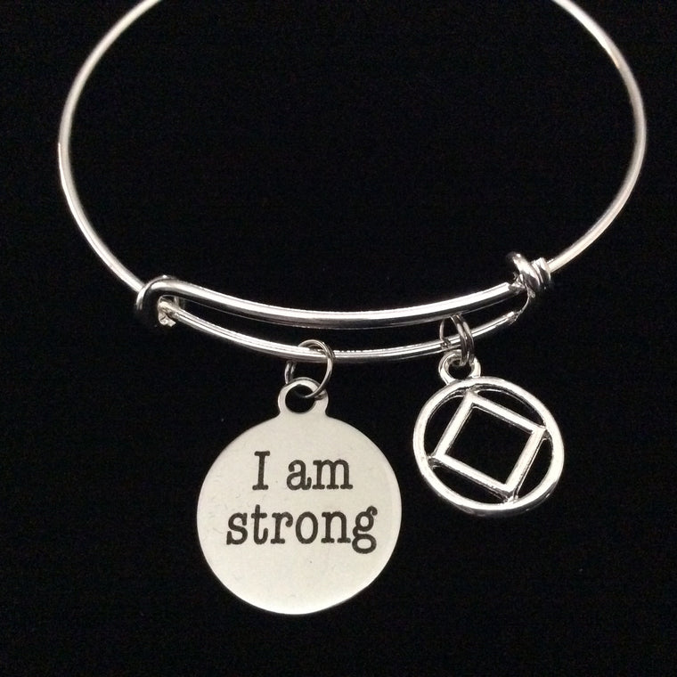 Narcotics Anonymous Inspirational Silver Ajustable Bangle I AM STRONG on a Silver Expandable Bracelet 