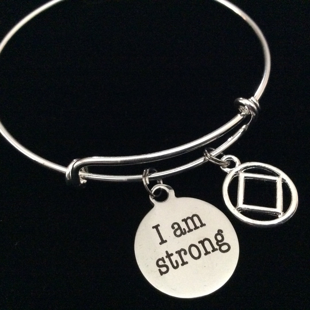 Narcotics Anonymous Inspirational Silver Adjustable Bangle I AM STRONG Silver Expandable Bracelet 