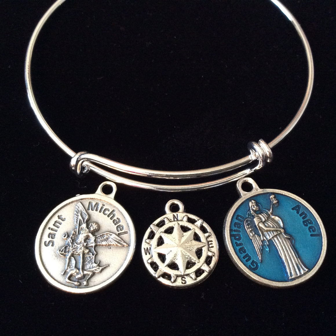 Saint Michael with Compass and Guardian Angel Charm Silver Expandable Bracelet Adjustable Wire Bangle Inspirational Jewelry Trendy Gift