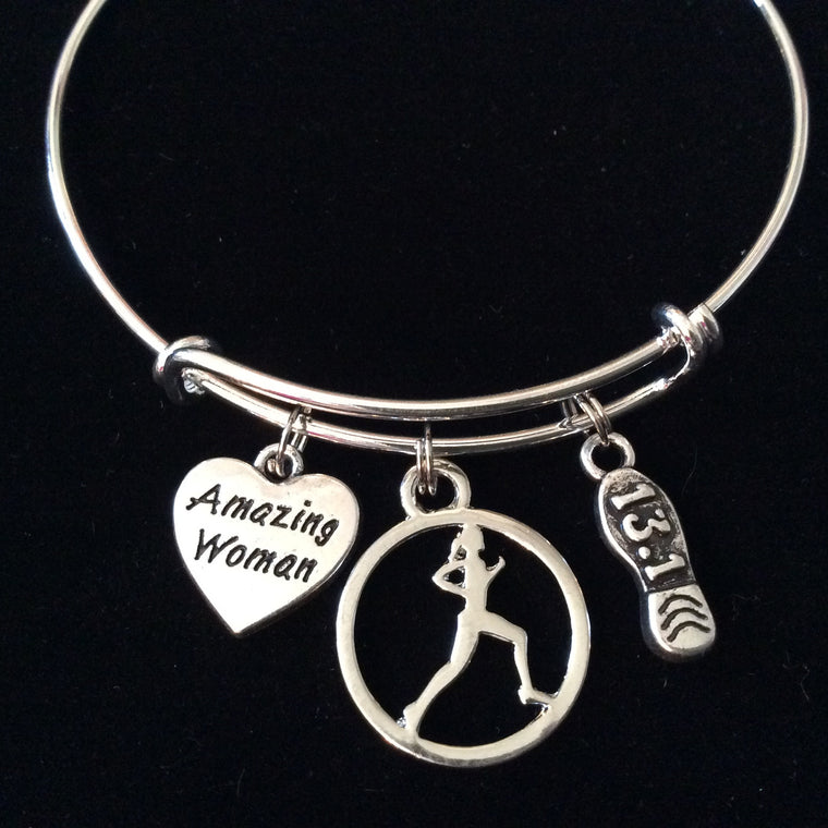 Amazing Woman 13.1 Runner Expandable Silver Charm Bracelet Adjustable Wire Bangle Race Gift