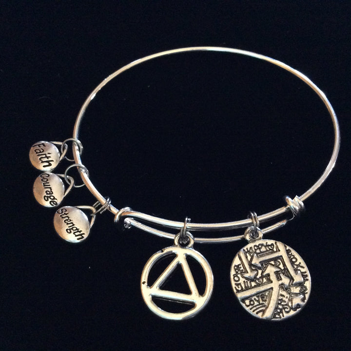 Master of Your own Destiny Alcoholics Anonymous Strength Courage Faith Silver Expandable Charm Bracelet Bangle