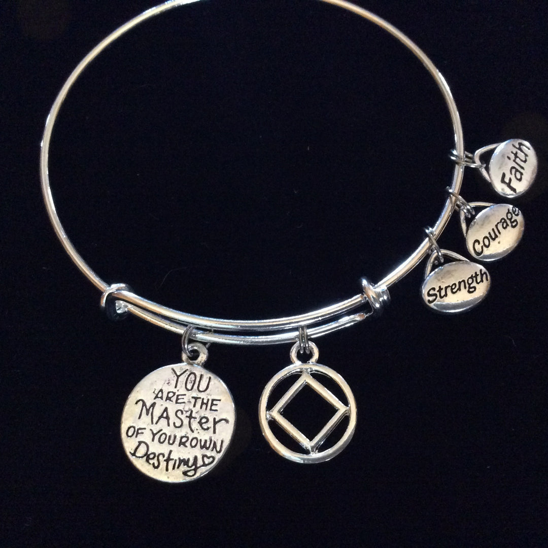 You are the Master of Your own Destiny Narcotics Anonymous Strength Courage Faith Silver Expandable Charm Bracelet Bangle