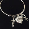 Medical Nurse Crystal Heart Silver Expandable Charm Bracelet Adjustable Wire Bangle Stethoscope Caduceus Gift