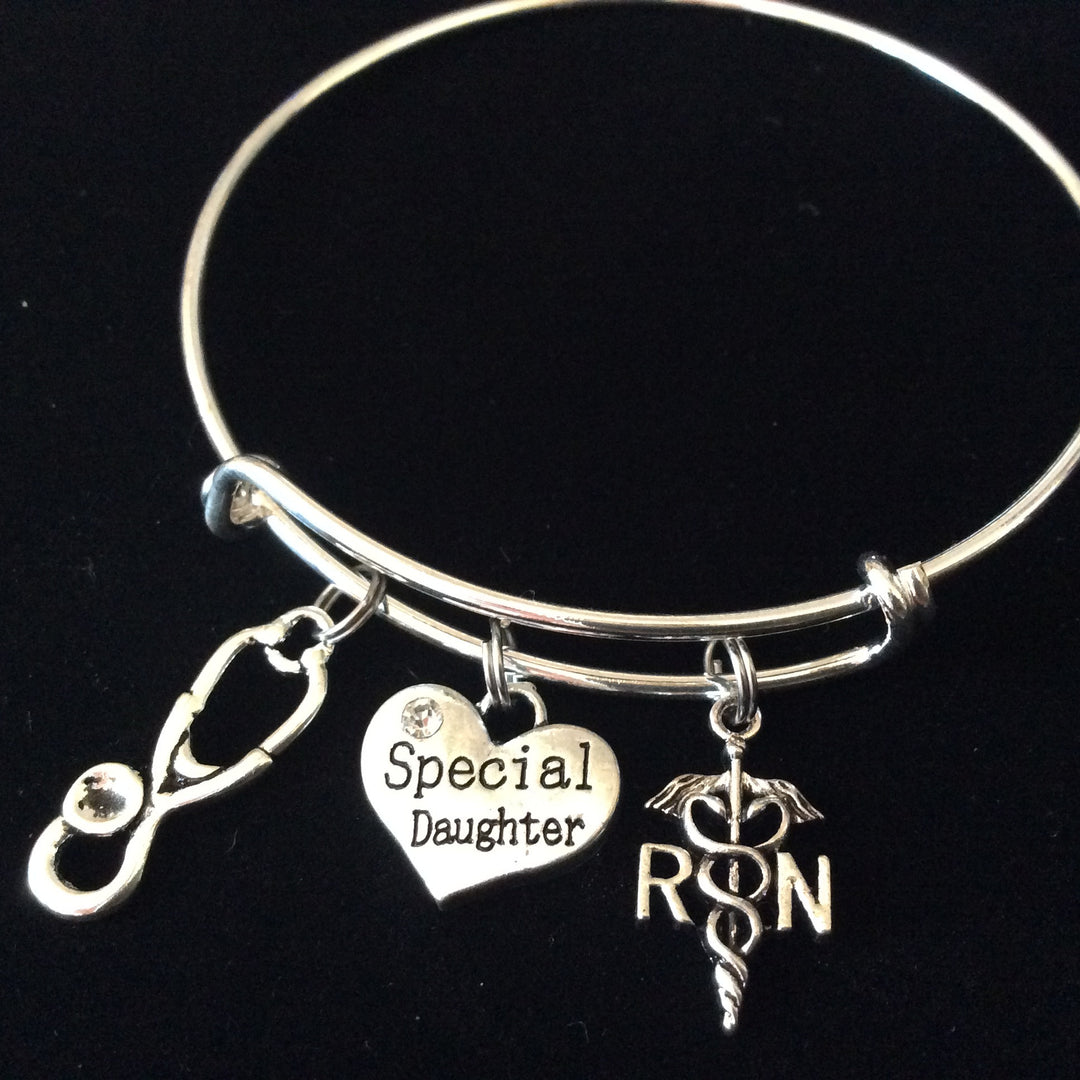 Daughter RN Nurse Stethoscope Caduceus Silver Expandable Charm Bracelet Adjustable Bangle Worker Gift 