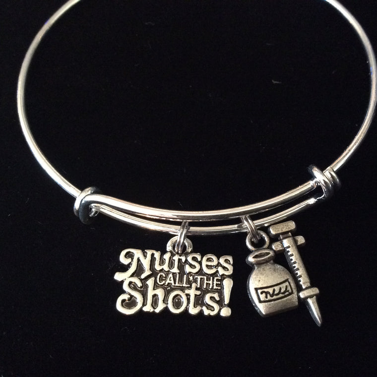 Nurses Call The Shots Adjustable Expandable Silver Plated Wire RN Bangle Bracelet One Size Fits All Medical Occupational Charm Bracelet