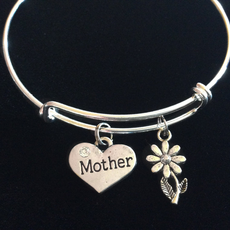 Mother and Daisy Charm Silver Expandable Bracelet Adjustable Bangle Trendy Stacking Handmade Gift