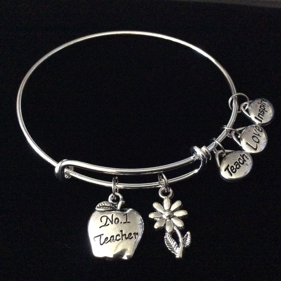 Teacher #1 Teach Love Inspire Expandable Silver Charm Bracelet Adjustable Bangle School Gift