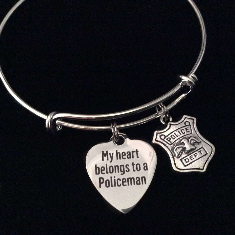 My Heart Belongs to a Policeman Expandable Silver Charm Bracelet Adjustable Bangle Occupational Police Badge Department Wife Gift