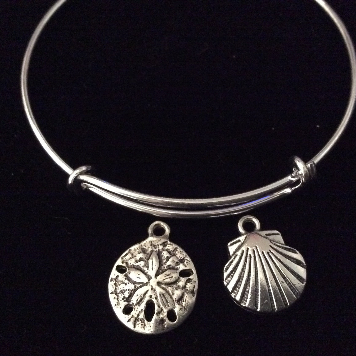 Sand Dollar with Sea Shell Silver Expandable Charm Bracelet Adjustable Wire Bangle Trendy Handmade Nautical Ocean