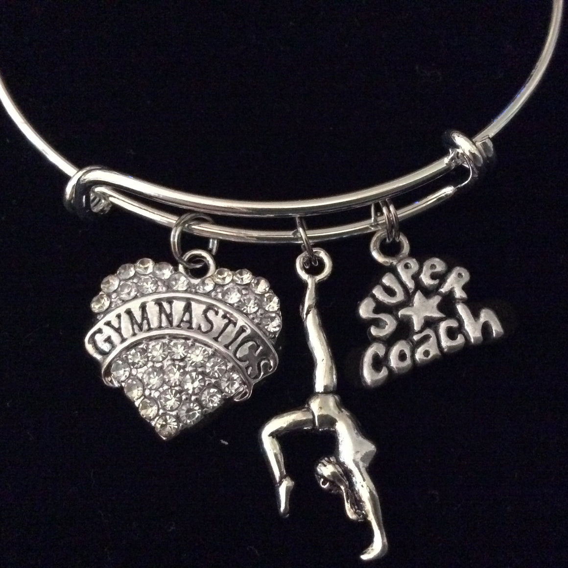 Super Coach Gymnastics Crystal Heart Expandable Charm Bracelet Adjustable Wire Bangle Girl Gift Gymnast Sport