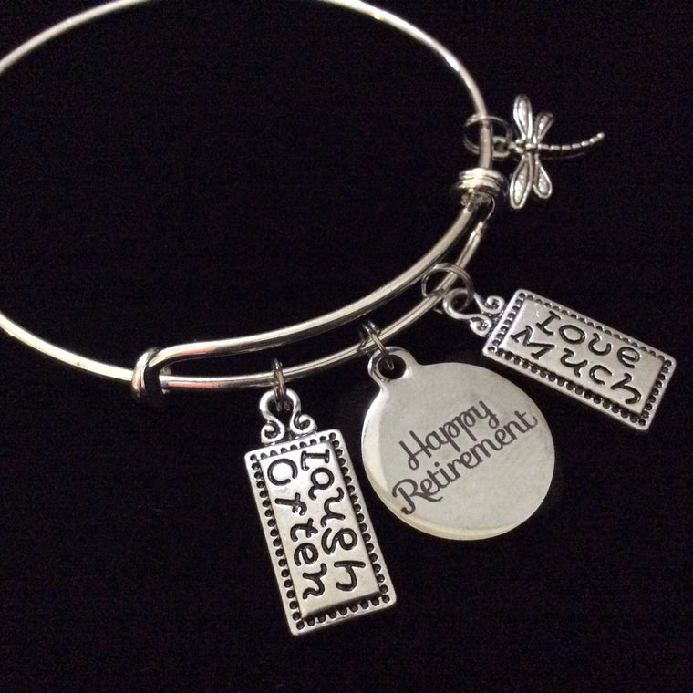 Happy Retirement Laugh Often Love Much Expandable Silver Charm Bracelet Adjustable Bangle Office Worker 