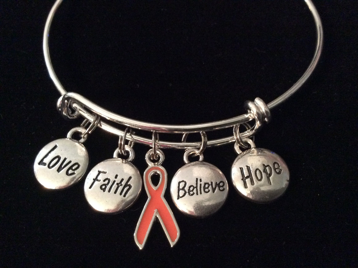 Orange Awareness Ribbon Love Faith Believe Hope Bracelet Expandable Adjustable Silver Wire Bangle Trendy Gift