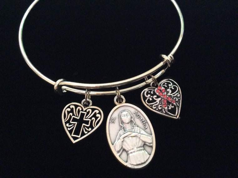 Saint Agatha Patron of Breast Cancer Silver Expandable Charm Bracelet Cross Awareness Pink Ribbon Adjustable Bangle Gift Meaningful