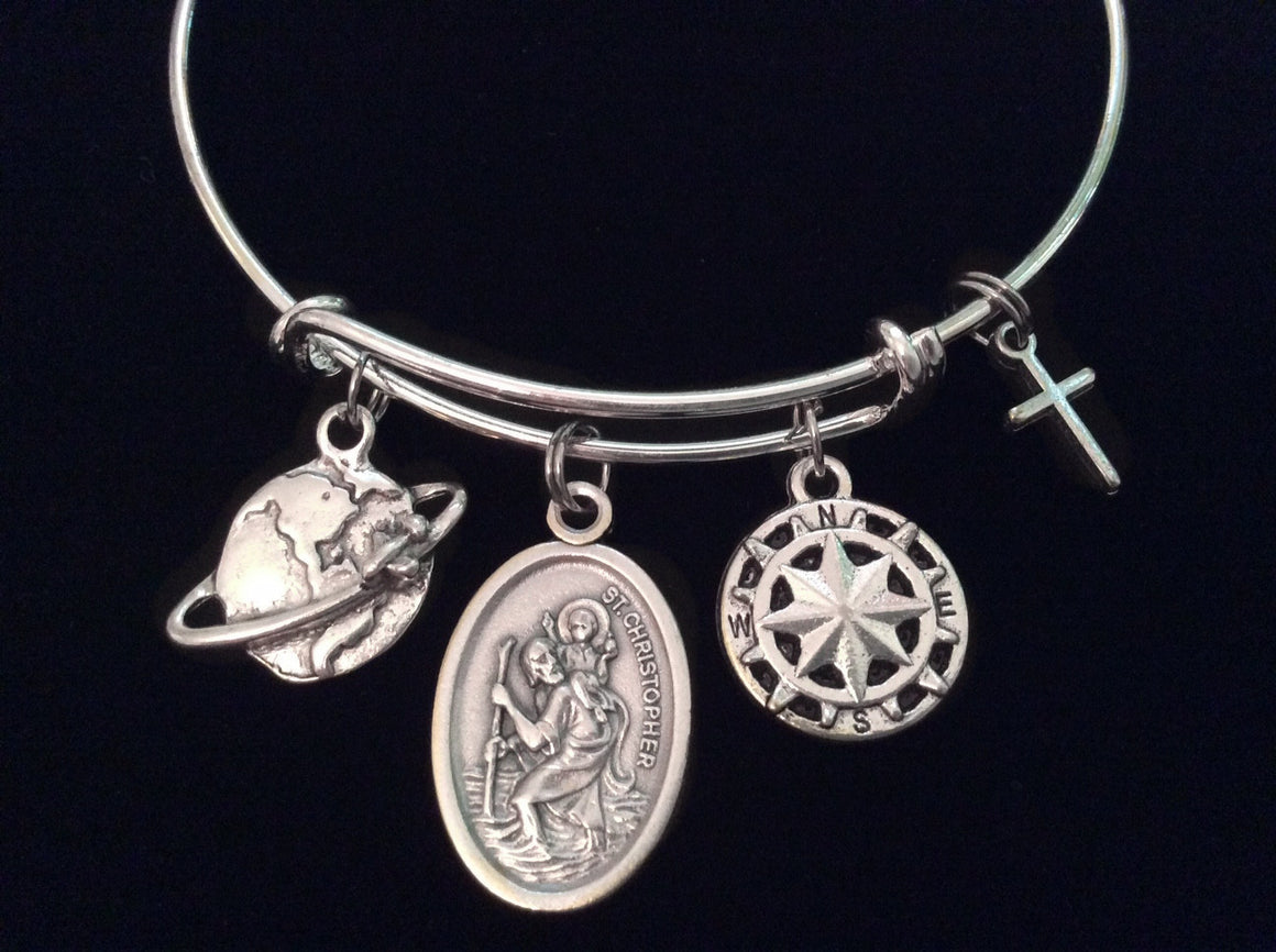 Saint Christopher Patron Saint of Travel Silver Expandable Charm Bracelet Adjustable Bangle Double Sided