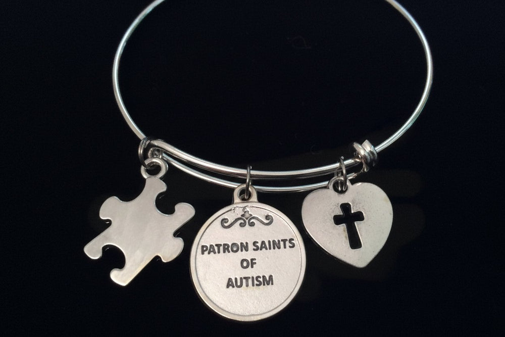 Autism Patron Saint Dymphna and Nicholas Silver Puzzle Piece Expandable Charm Bracelet Adjustable Wire Bangle Expandable Autistic 