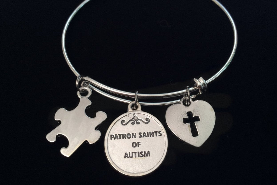 Autism Patron Saint Dymphna and Nicholas Silver Puzzle Piece Expandable Charm Bracelet Adjustable Wire Bangle Expandable Autistic 