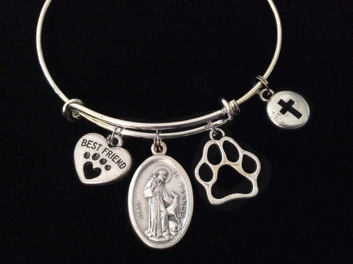 Saint Francis Patron of Animal Silver Expandable Charm Bracelet Best Friend Paw Cross Bangle Double Sided Adjustable Gift