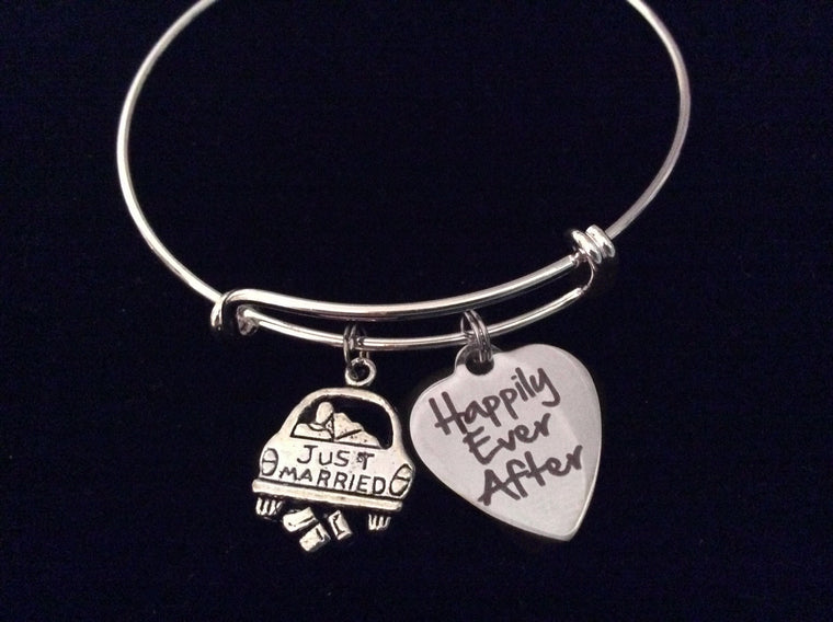 Just Married Happily Ever After Silver Expandable Charm Bracelet Wedding Gift Adjustable Wire Bangle Shower Bridal Trendy
