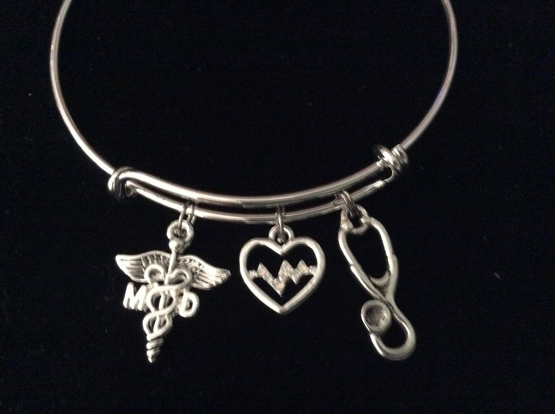 MD Medical Doctor Caduceus EKG Heartbeat Stethoscope Silver Expandable Charm Bracelet Adjustable Bangle Gift 