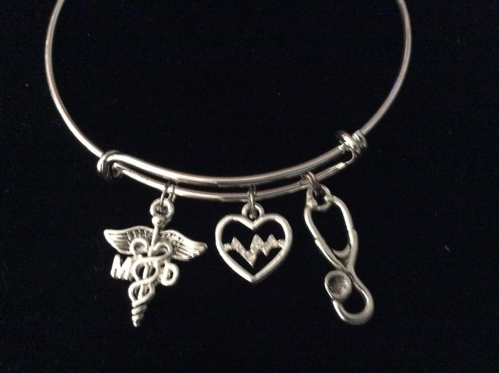 MD Medical Doctor Caduceus EKG Heartbeat Stethoscope Silver Expandable Charm Bracelet Adjustable Bangle Gift 