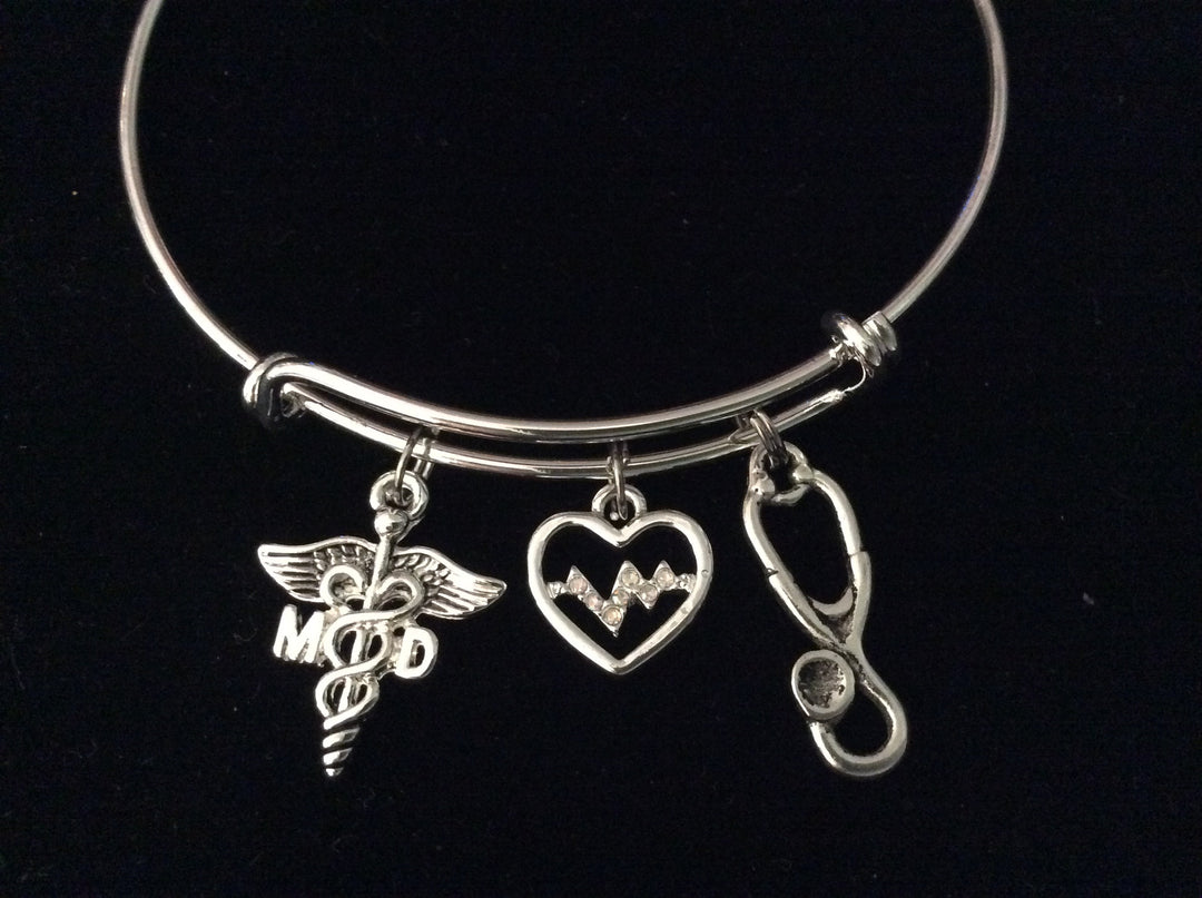 MD Medical Doctor Caduceus EKG Heartbeat Stethoscope Silver Expandable Charm Bracelet Adjustable Bangle
