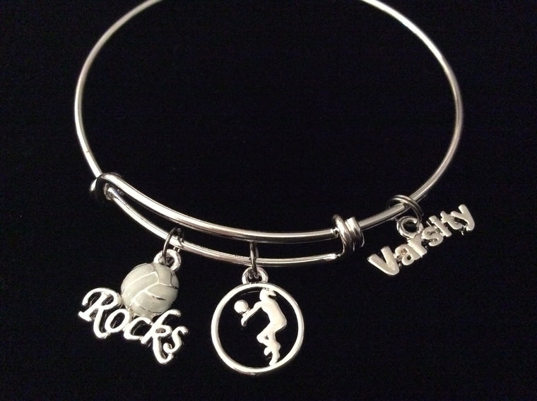 Varsity Volleyball Rocks Silver Expandable Charm Bracelet Adjustable Wire Bangle Sports Team Gift