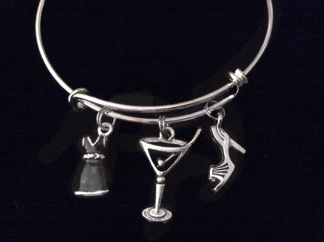 Little Black Dress Martini and High Heel Shoe Expandable Silver Charm Bracelets Adjustable Bangle Gift