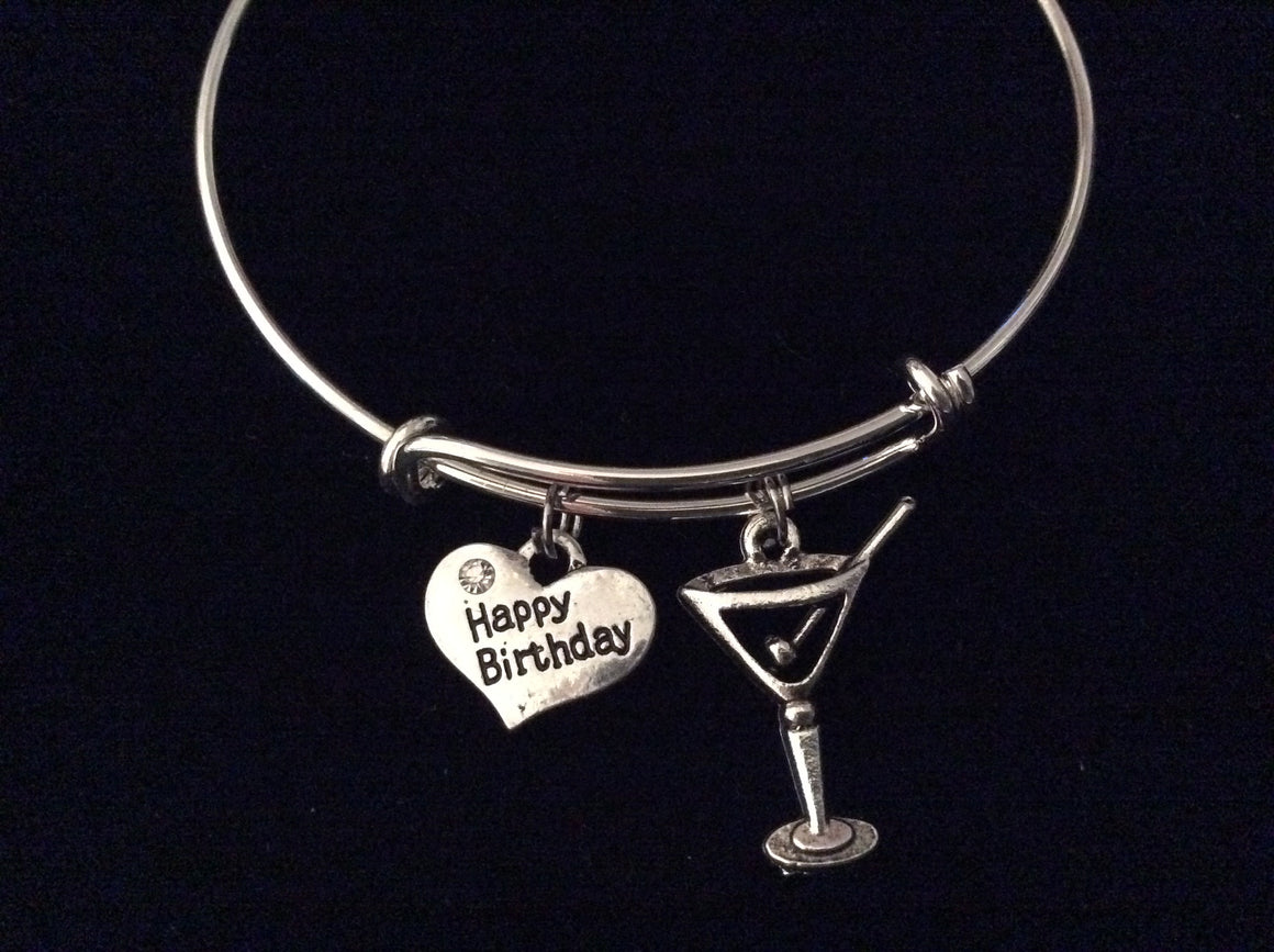 Martini Glass Happy Birthday Expandable Silver Charm Bracelet Adjustable Bangle Gift Drink