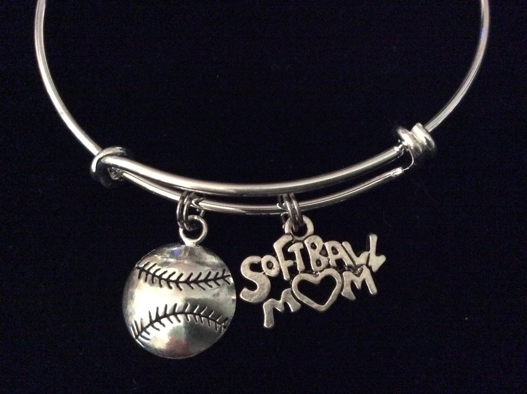 Softball Mom Silver Expandable Bangle Bracelet Sports Team Coach Gift Adjustable Wire Charm Bangle