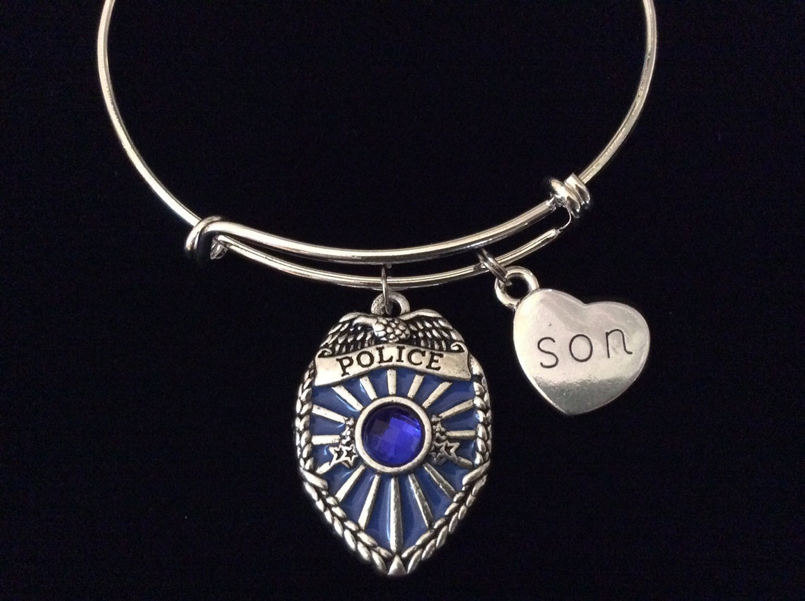 Police Badge Blue Crystal Son Expandable Silver Charm Bracelet Adjustable Wire Bangle Gift Trendy