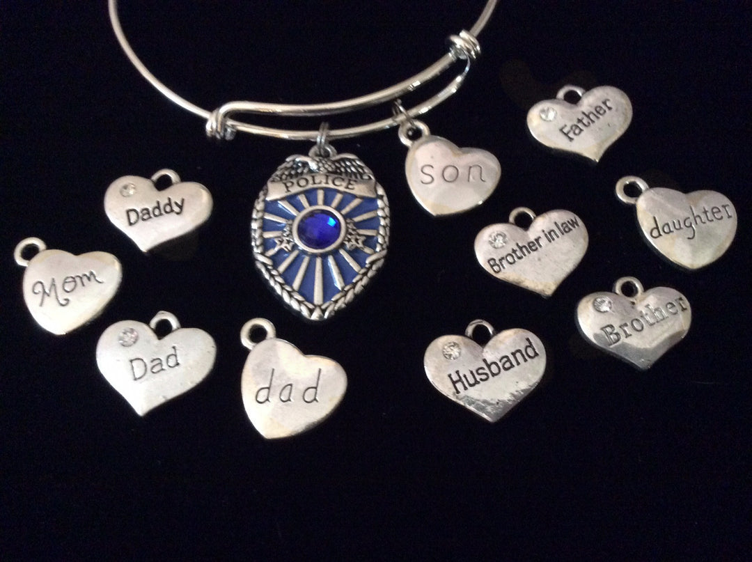 Son Brother Daughter Dad Father Police Badge Blue Crystal Son Expandable Silver Charm Bracelet Adjustable Wire Bangle Gift Trendy