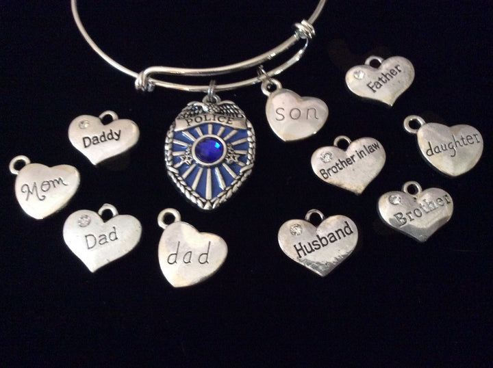 Son Brother Daughter Dad Father Police Badge Blue Crystal Son Expandable Silver Charm Bracelet Adjustable Wire Bangle Gift Trendy
