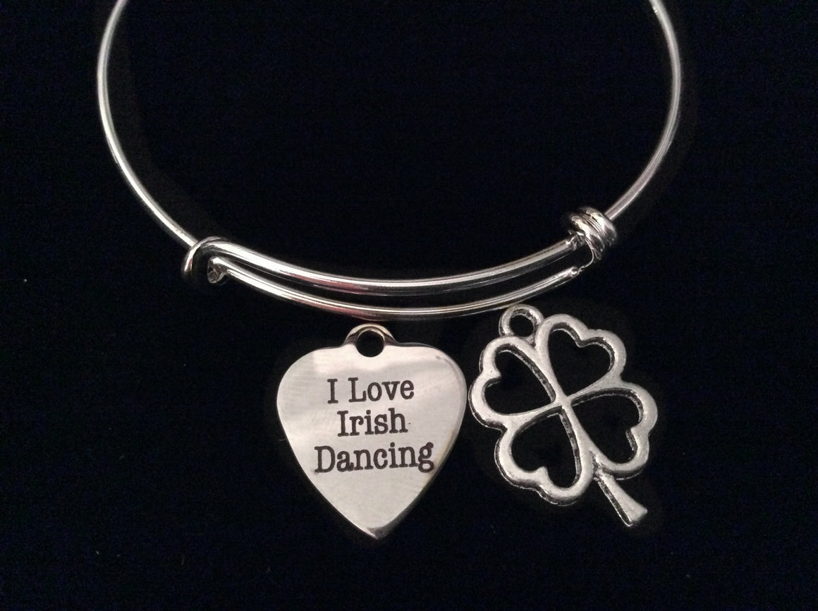 I Love Irish Dancing with Four Leaf Clover Expandable Charm Bracelet Adjustable Wire Bangle Dancer Gift