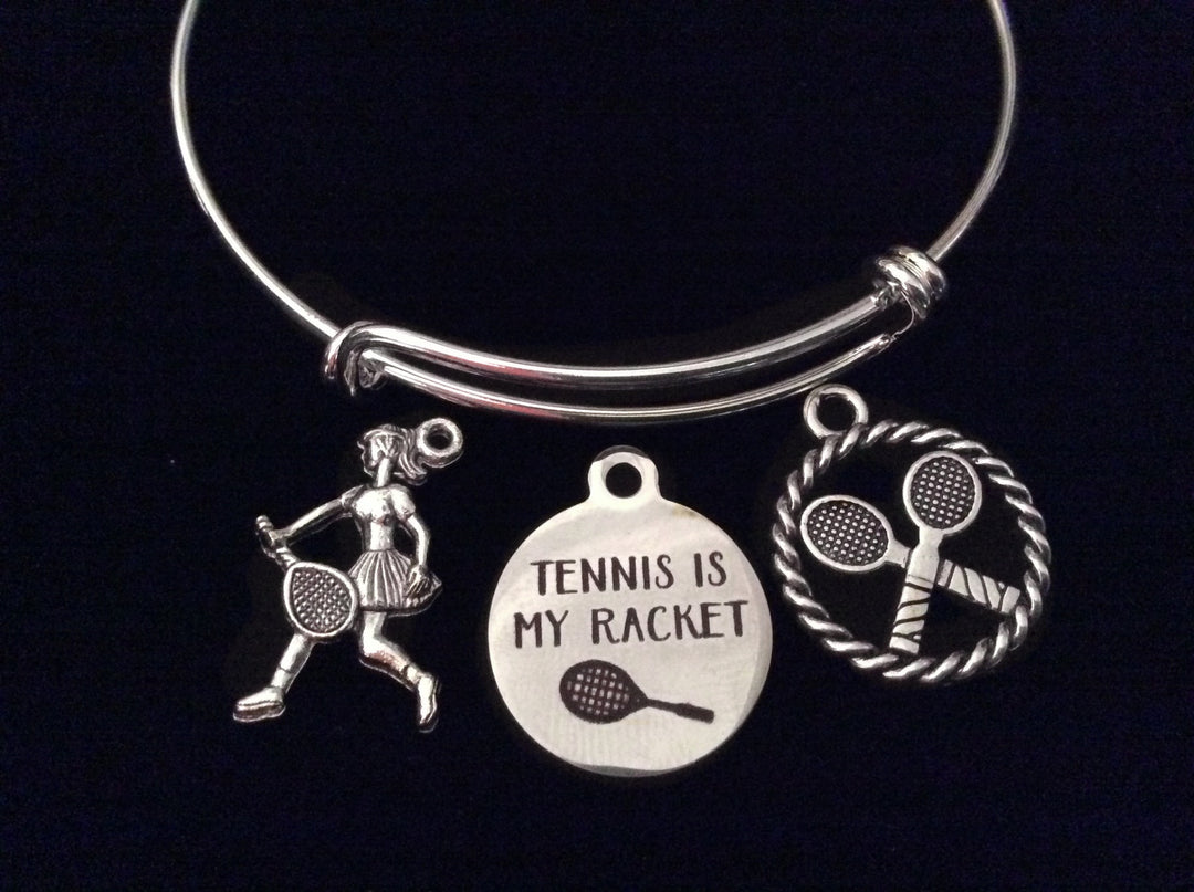 Tennis is My Racket Silver Expandable Charm Bracelet Adjustable Wire Bangle Bracelet Coach Sports Gift
