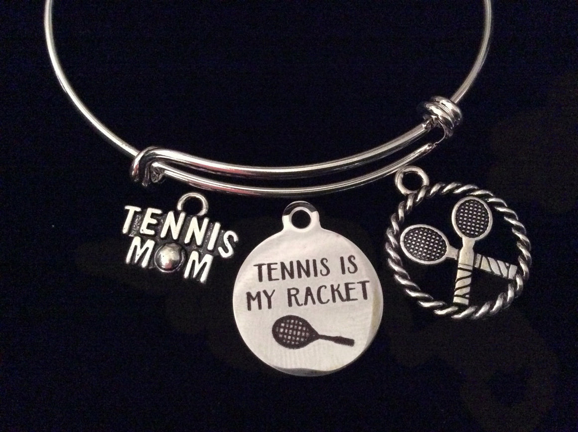 Tennis Mom Tennis is My Racket Silver Expandable Charm Bracelet Adjustable Wire Bangle Bracelet Coach Sports Gift