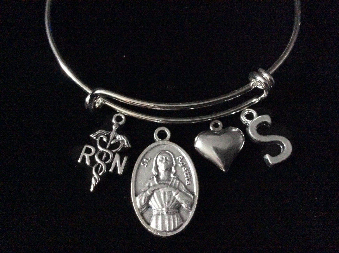 Saint Agatha Initial RN Puffy Heart Silver Expandable Charm Bracelet Patron Saint of Nurses and Breast Cancer
