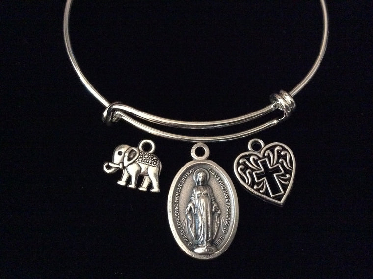 Miraculous Medal Virgin Mary Elephant and Filigree Heart Cross Silver Expandable Charm Bracelet Double Sided Adjustable Bangle
