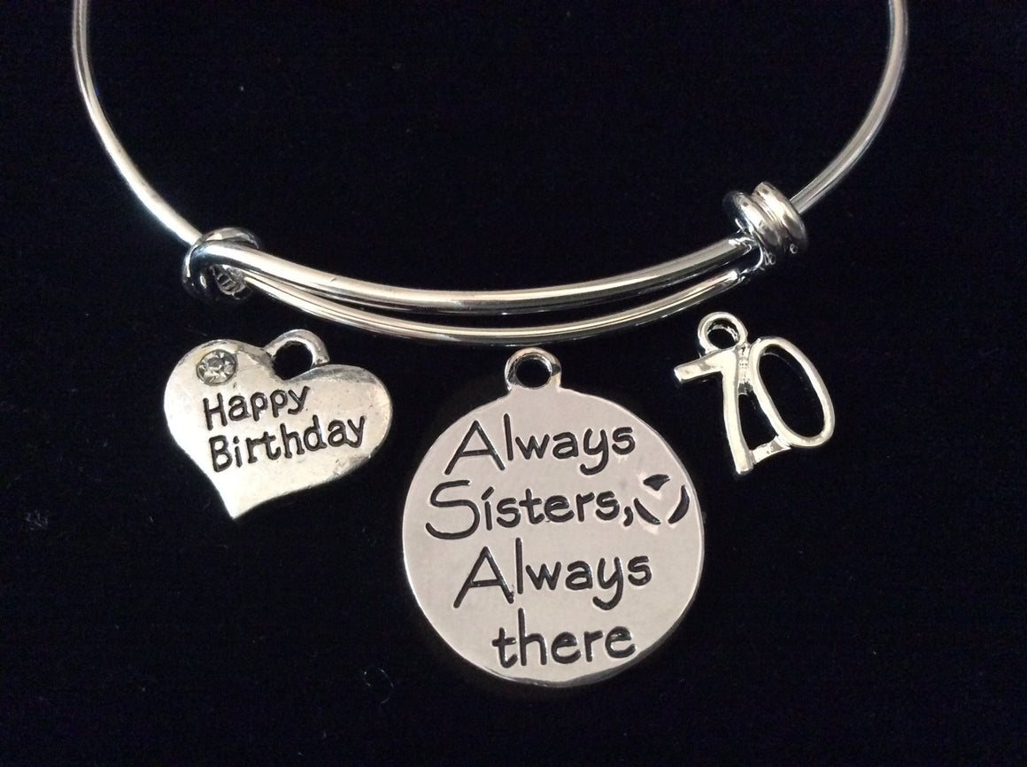 Happy 70th Birthday Always Sisters Always There Expandable Silver Charm Bracelet Adjustable Bangle Family Gift