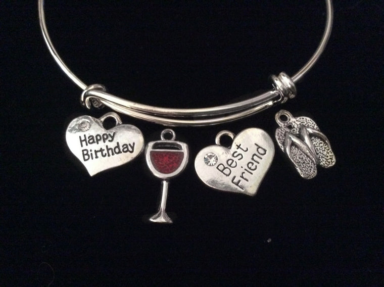 Best Friends Happy Birthday Wine Glass Flip Flop Expandable Silver Charm Bracelet Adjustable Bangle Gift