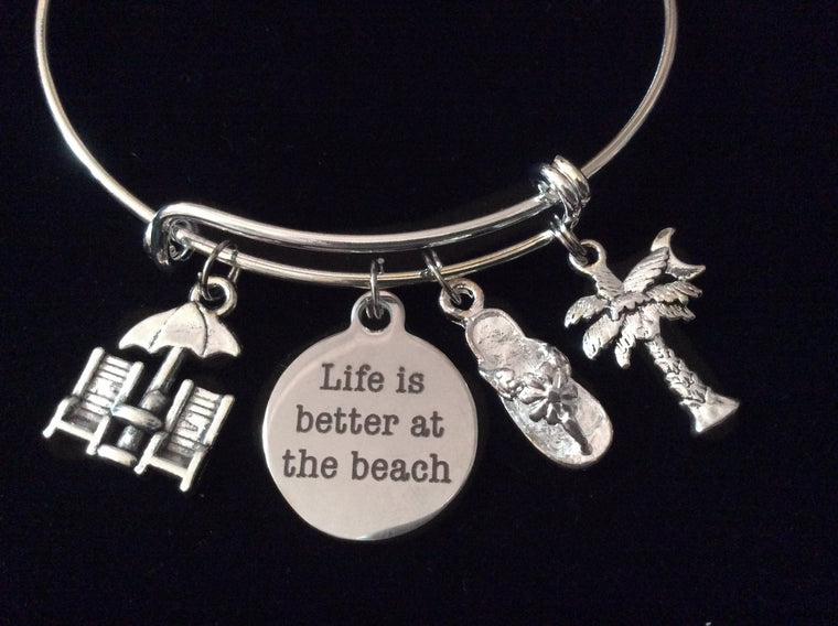 Life is Better at the Beach Expandable Silver Charm Bracelet Flip Flop Palm Tree Adjustable Bangle Gift Trendy Stacking