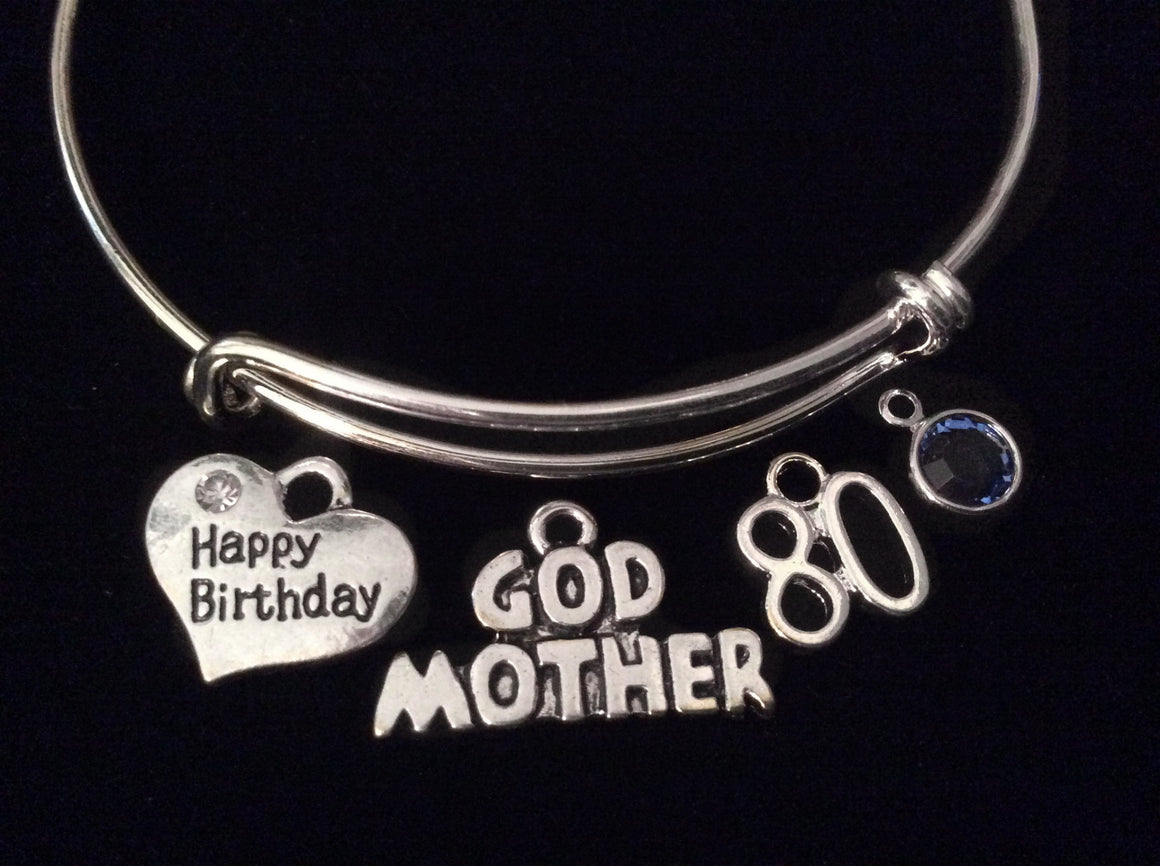 Happy Birthday 80th Godmother with Birthstone Silver Expandable Charm Bracelet Adjustable Bangle Trendy Stacking Handmade God Mother
