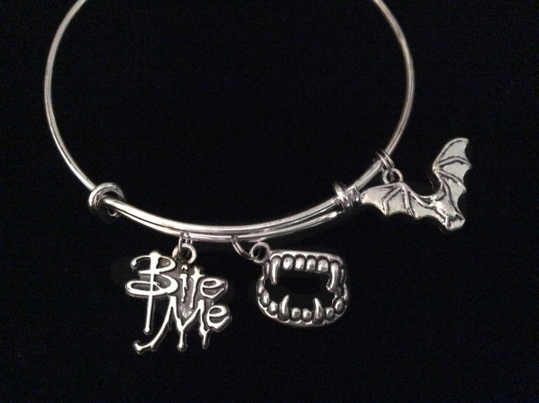 Bite Me Charm with Vampire Teeth Bat Silver Expandable Charm Bracelet Halloween Costume Hostess Gift Adjustable Wire Trendy Stackable Bangle