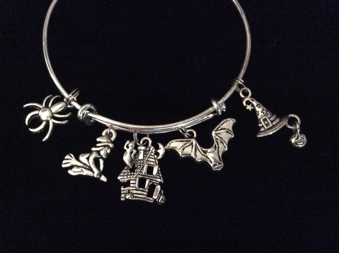 Halloween Haunted House Witch Spider and Ghost Charm Bracelet Silver Expandable Bangle Costume Hostess Gift Adjustable Wire Trendy Stackable