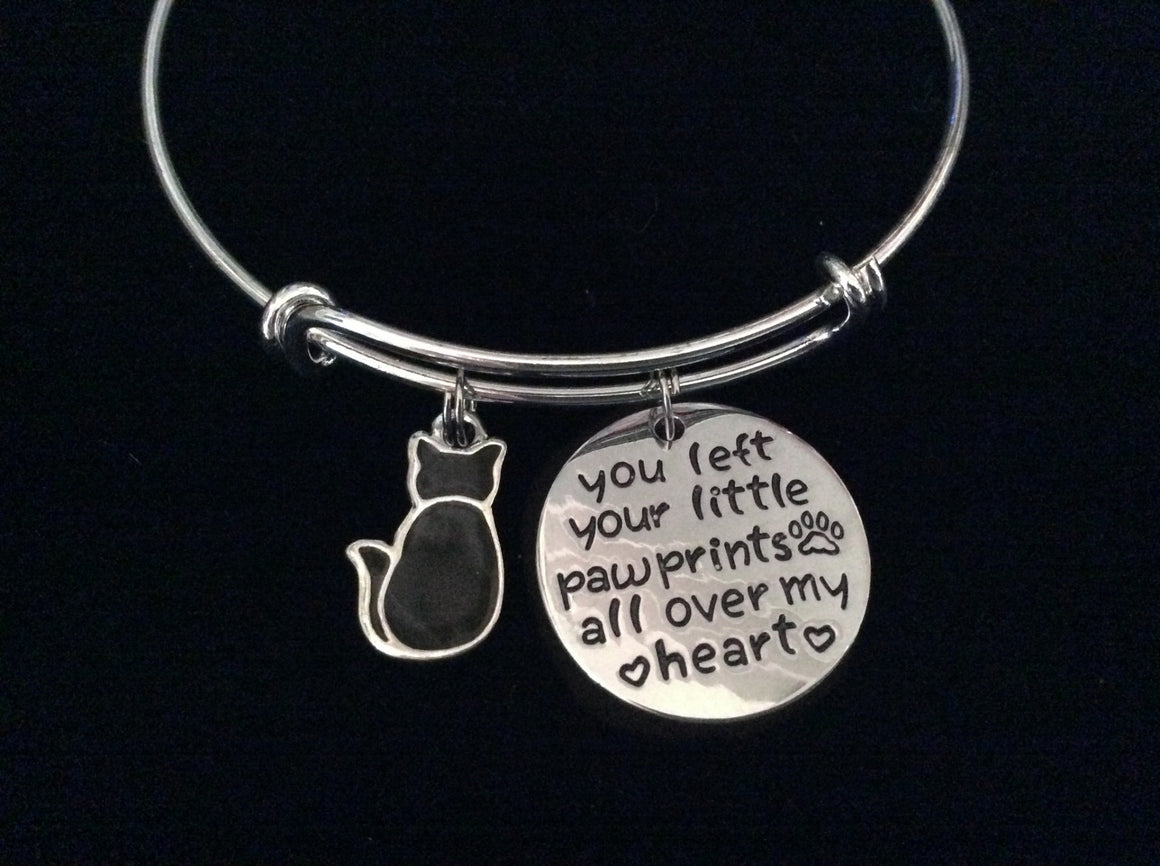 You Left Your Little Paw Prints All Over My Heart Black Cat Expandable Charm Bracelet Adjustable Wire Silver Bangle Meaningful Kitten Animal Lover Gift