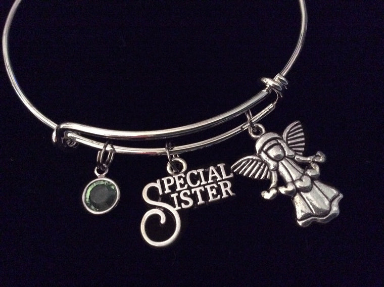Special Sister Angel and Birthstone Bracelet Silver Expandable Charm Bracelet Bangle Trendy