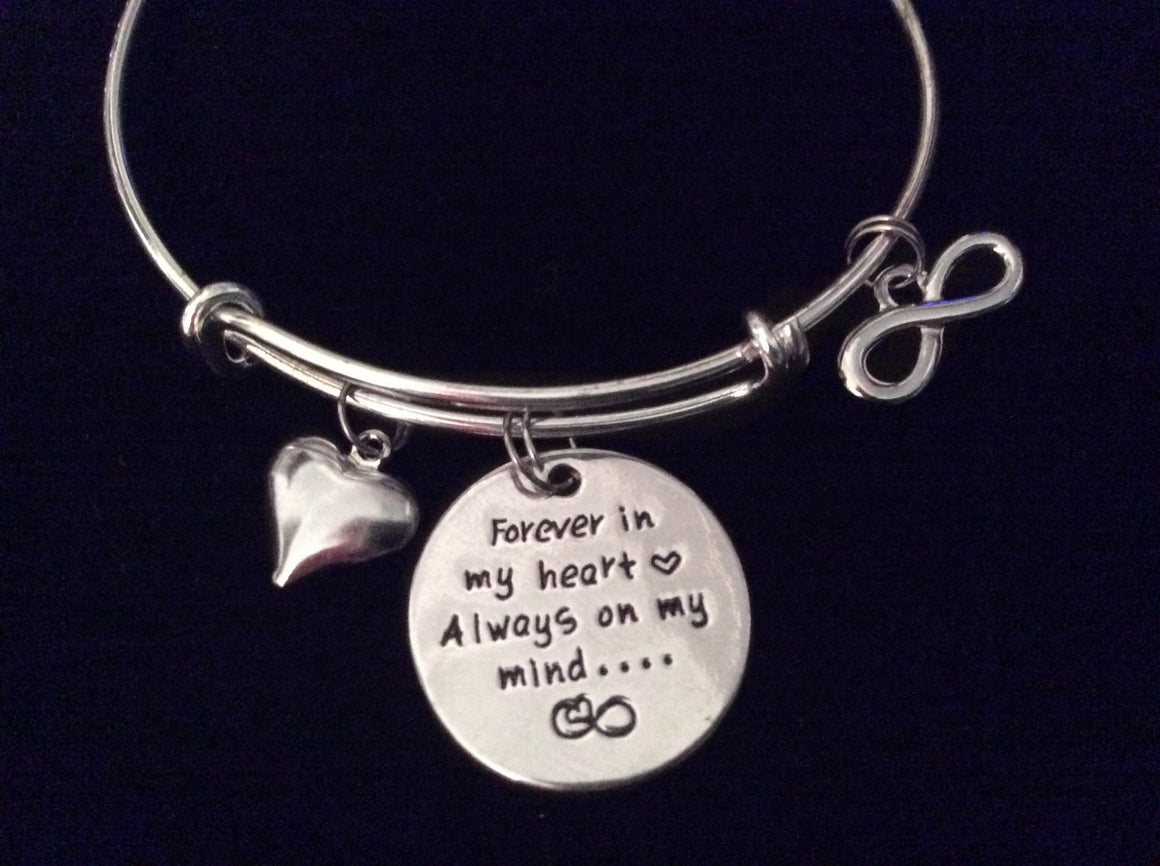 Forever in My Heart Always On My Mind Silver Expandable Charm Bracelet Adjustable Wire Bangle Gift