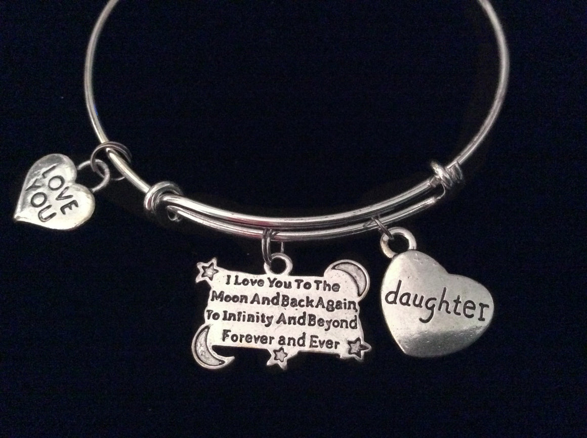 Daughter I Love you to the Moon and Back Silver Expandable Charm Bracelet Adjustable Wire Bangle Gift