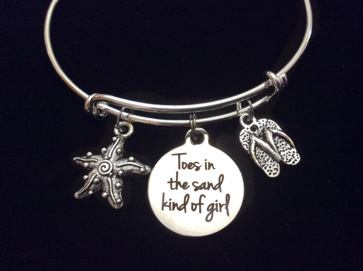 Toes in the Sand Kind of Girl Silver Expandable Charm Bracelet Adjustable Wire Bangle Ocean Nautical Gift
